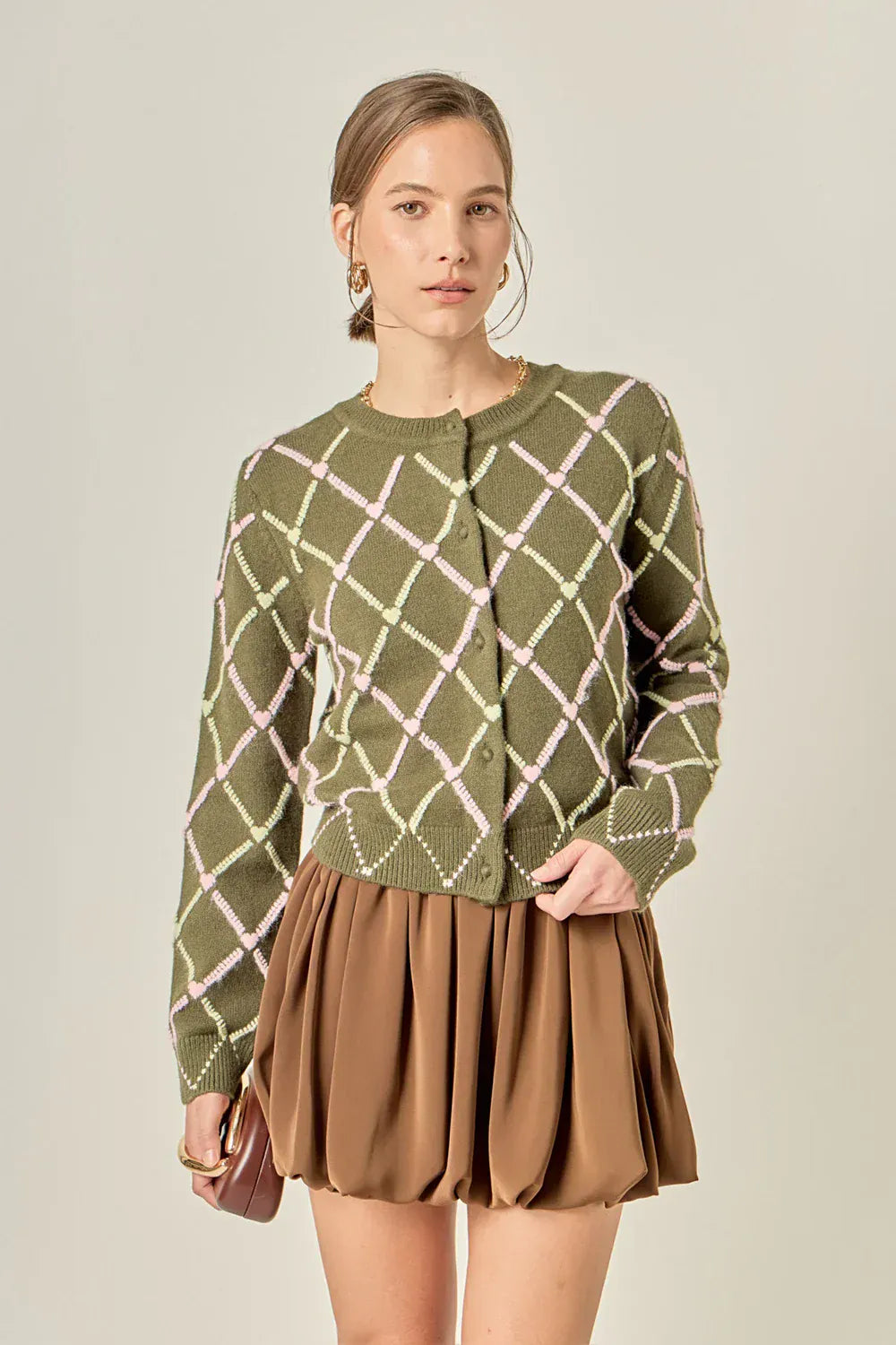 English Factory Cardigan Green / Pink / XS Diamond Heart Pattern Knit Cardigan