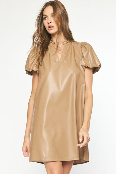 Entro Dress Latte / S Fleurette Leather V Neck Mini Dress