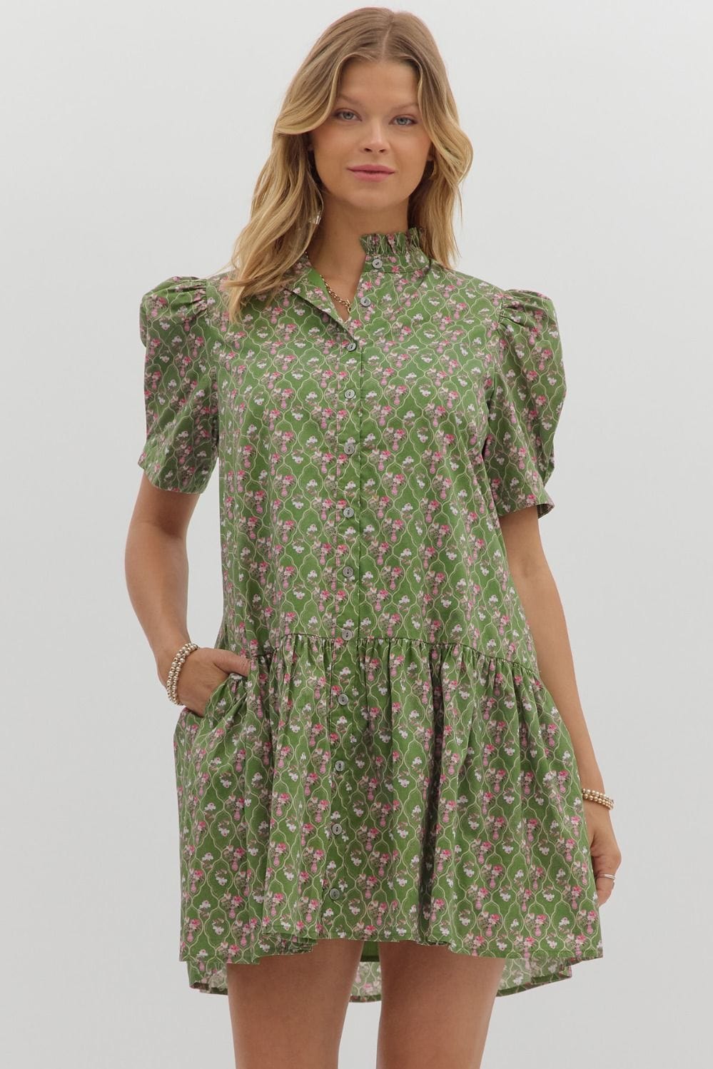 Entro Dress Olive / S Keira Floral Lattice Dress