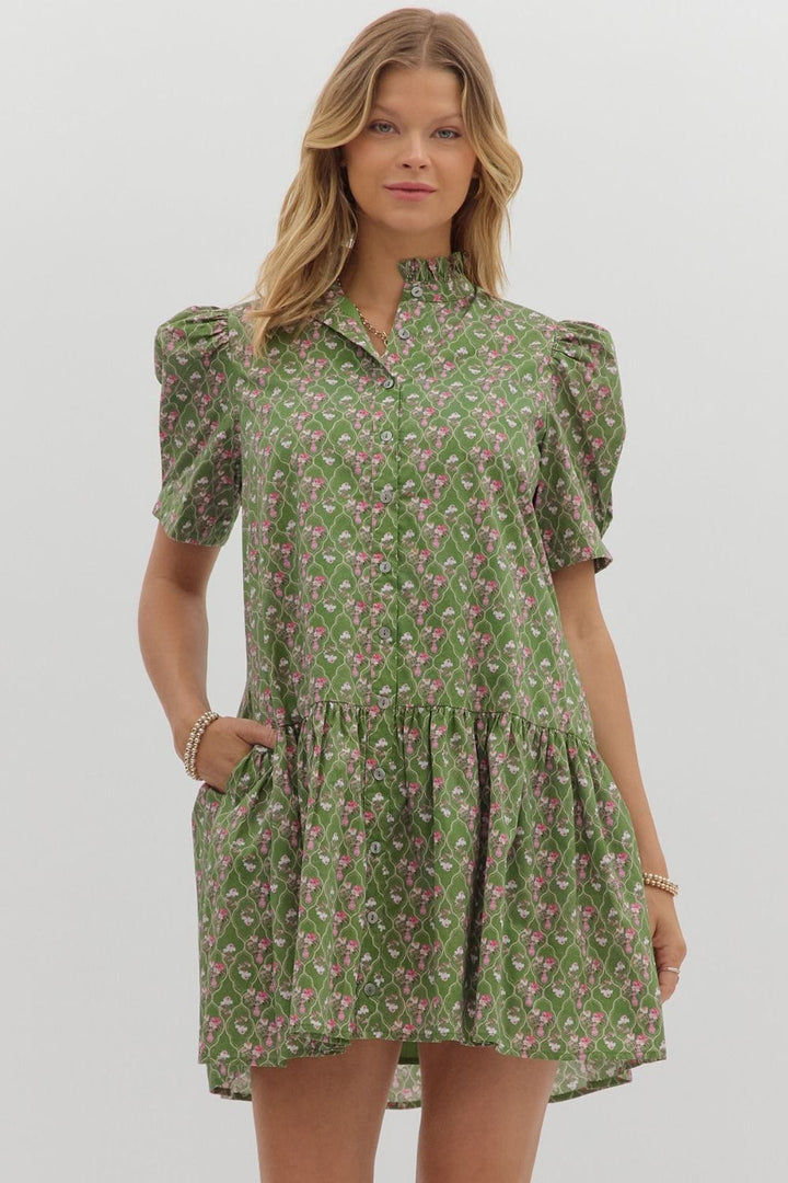 Entro Dress Olive / S Keira Floral Lattice Dress