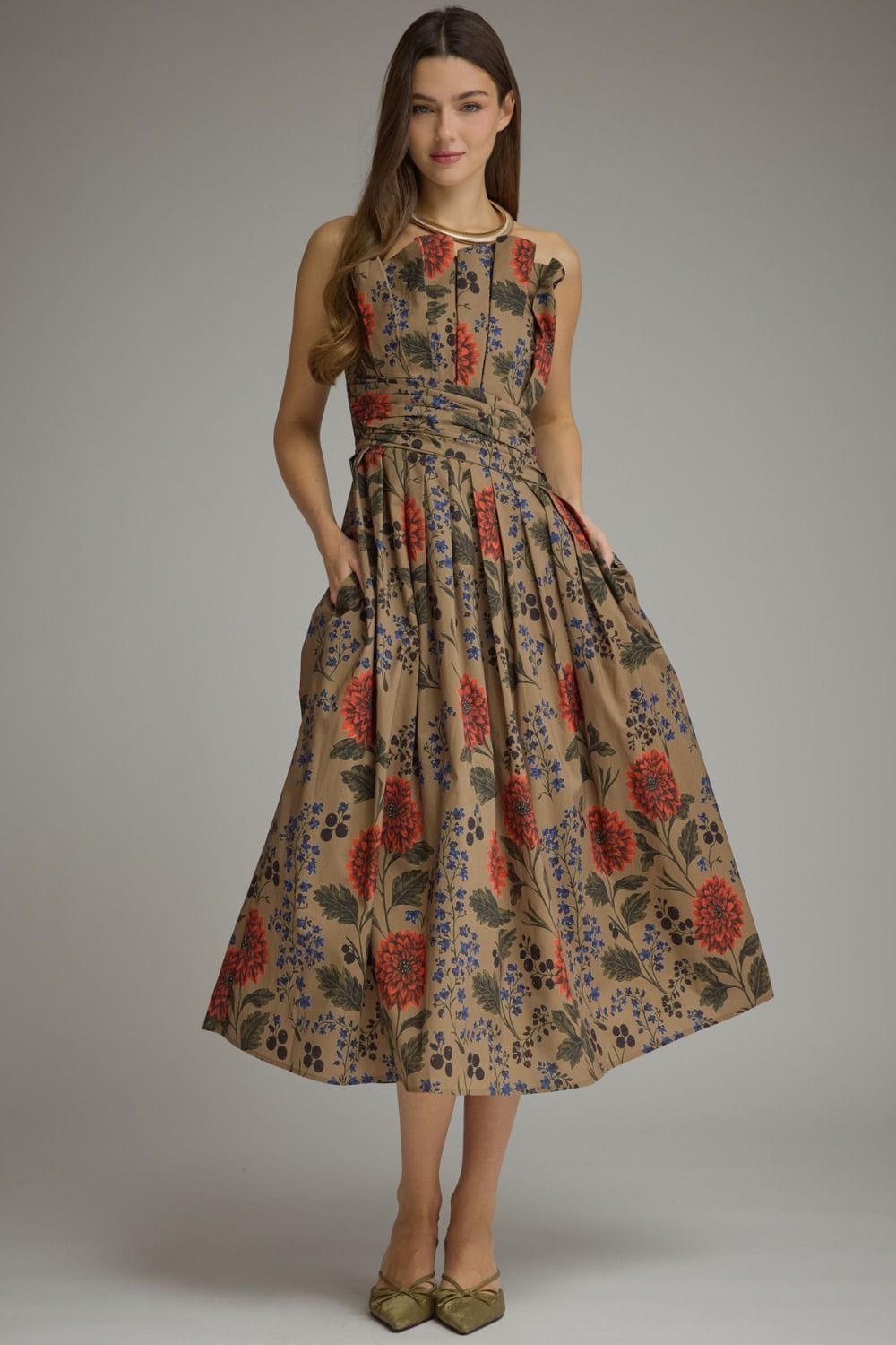 Entro Midi Dress Camel / S Gianna Floral Strapless Dress