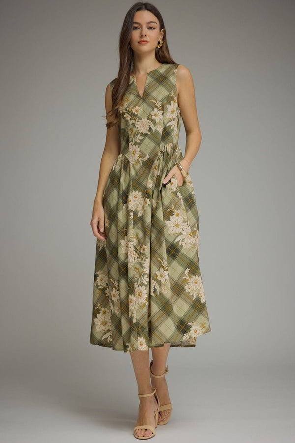 Entro Midi Dress Olive / S Ella Floral Plaid Midi Dress