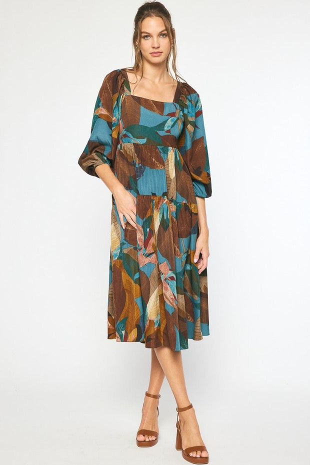 Entro Teal / S Lana Leaf-Printed Dress