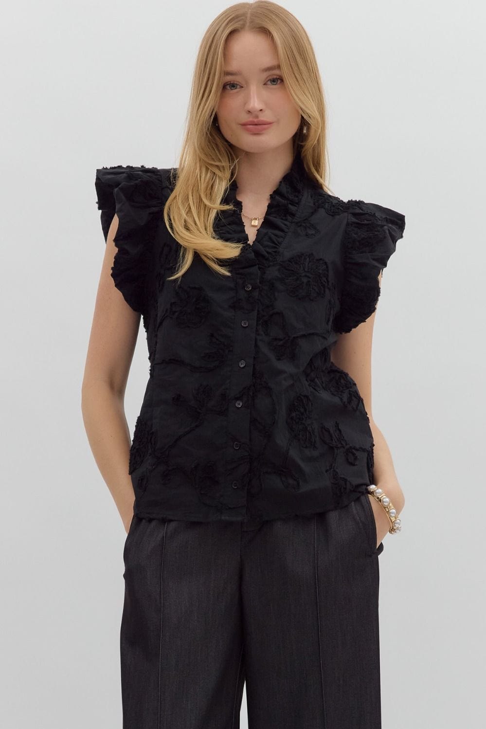 Entro Top Black / S Lexi Floral Ruffle Top