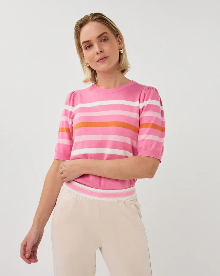 Esqualo Sweater Puff Sleeve Striped Knit Sweater