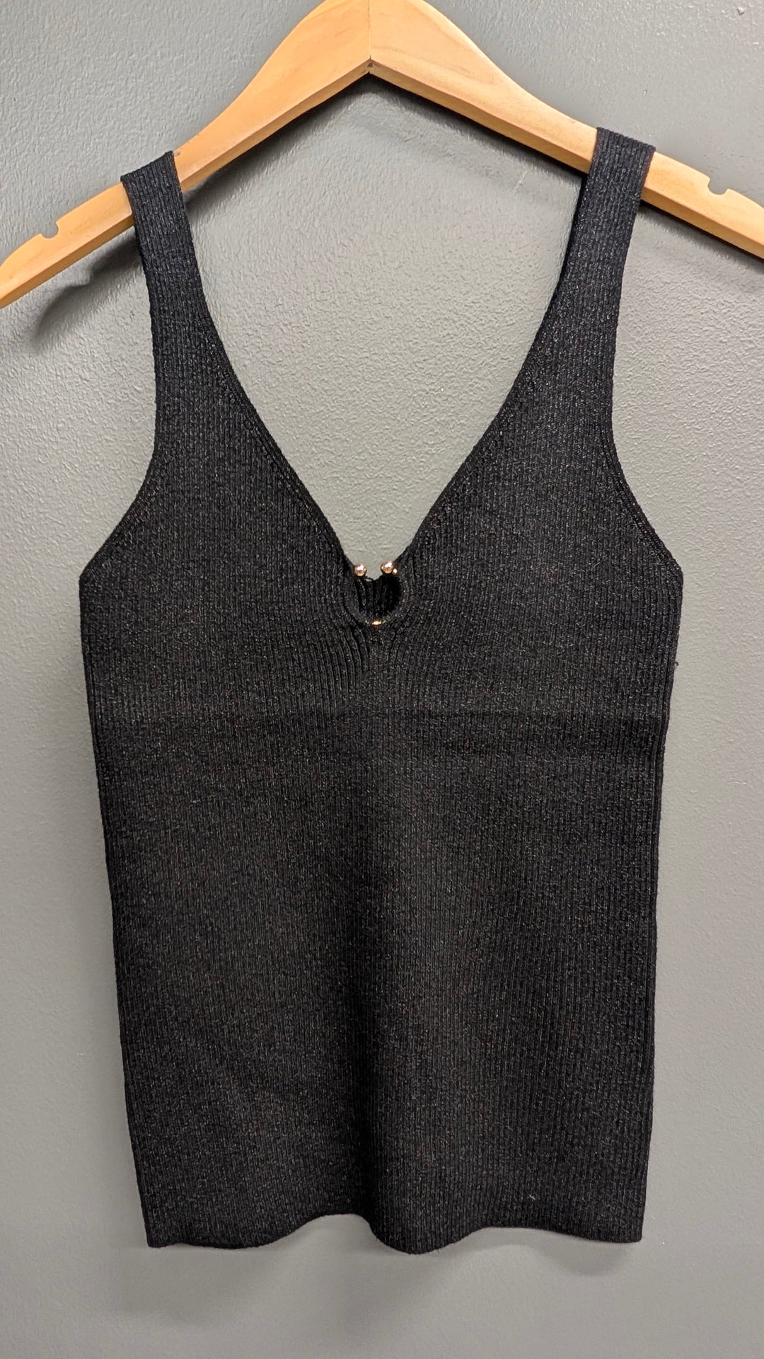 Black Esqualo Lyla Shimmer Tank top, XS size, featuring a sleek, shimmering fabric and sleeveless design.