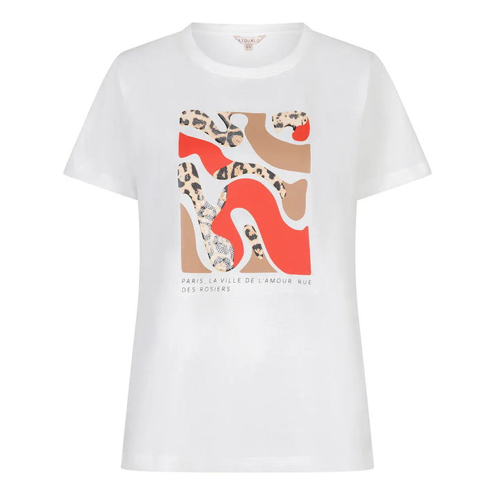 Off-white Esqualo Paris Rose Tee with chili red accents, featuring a relaxed fit and floral design, displayed on a flat lay.