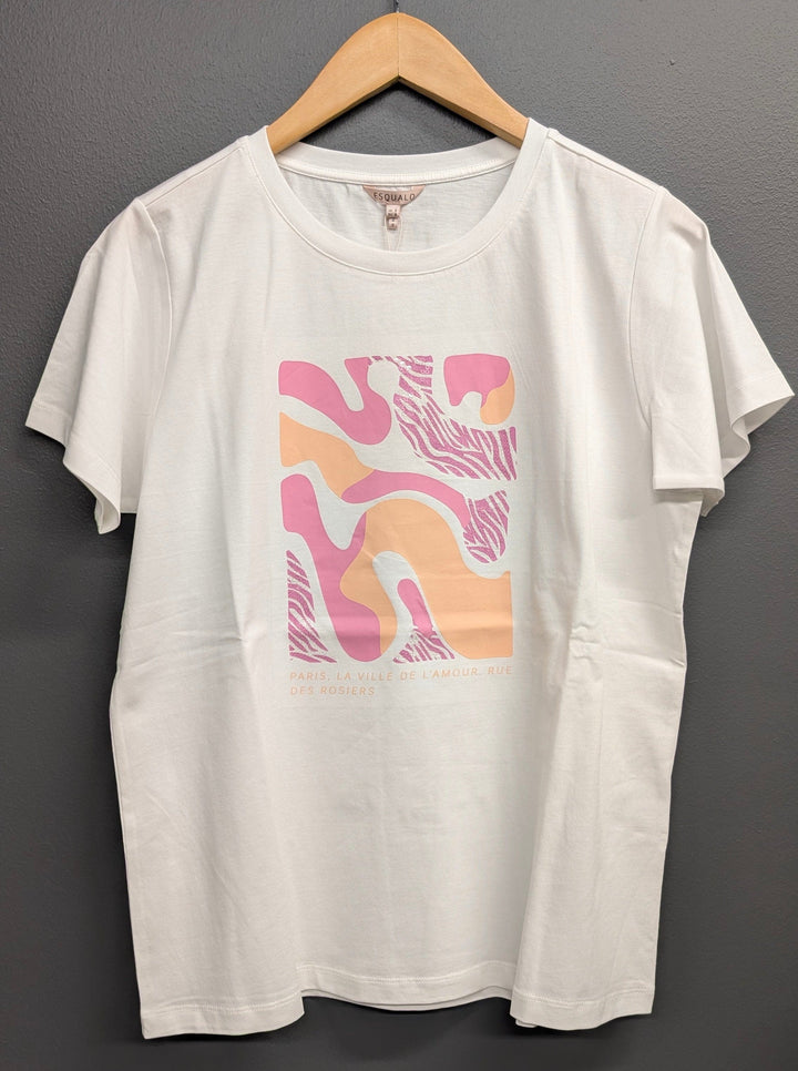 Off-white Esqualo Paris Rose Tee with a soft rose print, shown on a mannequin, showcasing the relaxed fit and stylish design.