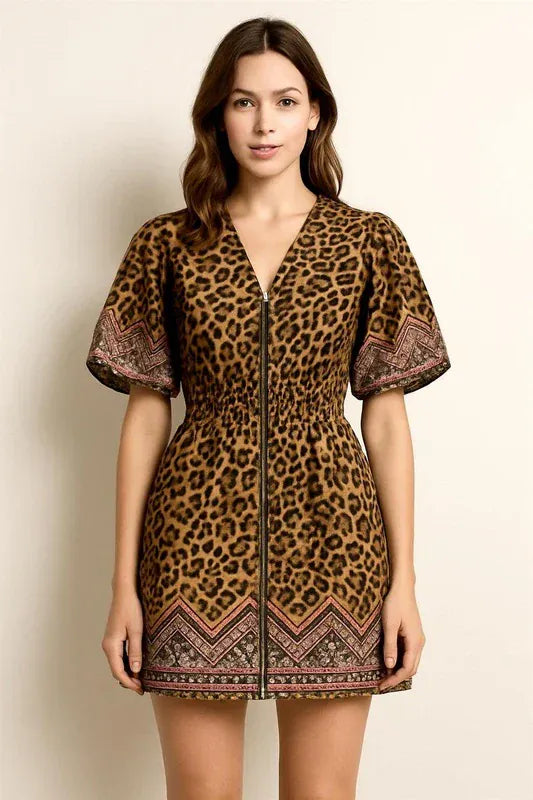 Fate Dress Brown Multi / S Gemma Leopard V-Neck Dress