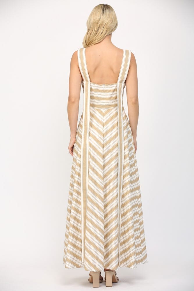 Fate Jada Stripe Maxi Dress with long straps featuring a flowing design and bold stripe pattern, perfect for summer wear.
