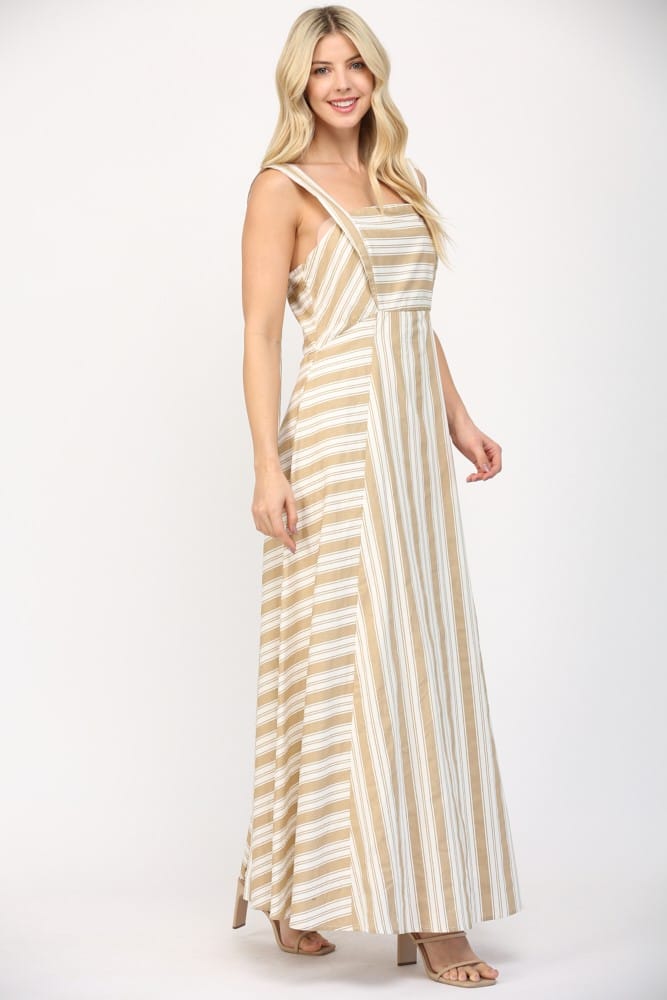 Fate Jada Stripe Long Strap Maxi Dress featuring a flowing silhouette with bold stripe patterns and adjustable shoulder straps.