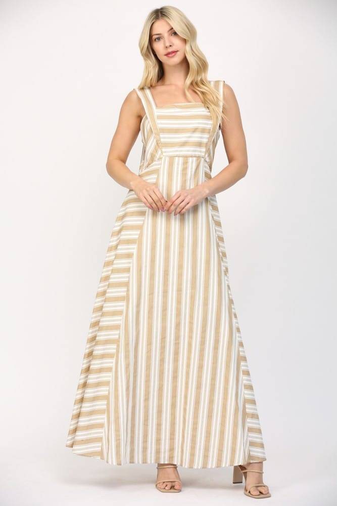 Fate Jada Stripe Long Strap Maxi Dress displayed on a model, featuring a flowing design with bold stripe patterns and adjustable straps.