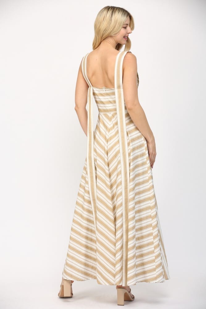 Fate Jada Stripe Maxi Dress with long straps, flowing fabric, and a stylish striped pattern, perfect for elegant summer wear.