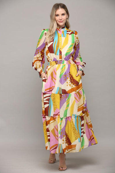 Fate Maxi Dress Lilac Multi / S Penoli Abstract Button Front Tiered Dress