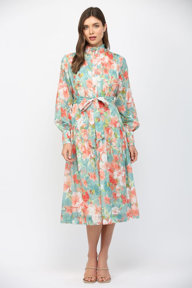 Seafoam Fate Carmen Waist Tie Maxi Dress with floral pattern, flowing fabric, and elegant tie waist detail.