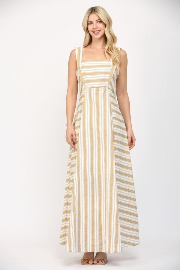 Fate Jada Stripe Maxi Dress with long straps in white and taupe, flowing maxi dress with a stylish striped pattern.