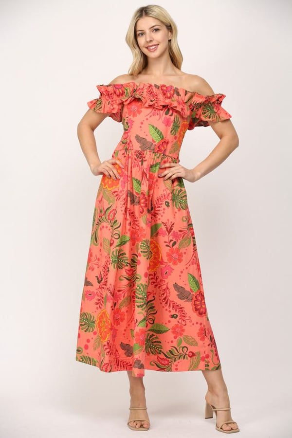 Coral multi-color Sophie ruffled cut-out midi dress by Fate, featuring breezy ruffles and stylish cut-outs for a chic summer look.