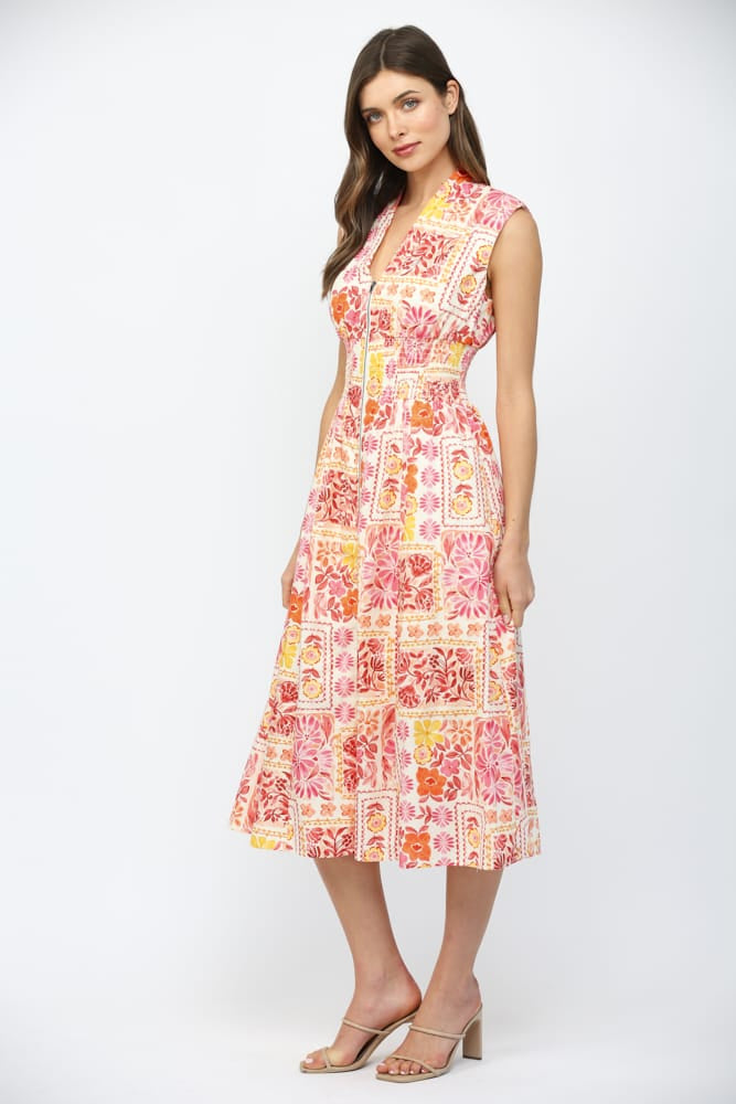 Fate Nora Patchwork Midi Dress in ivory with multicolor patchwork design, featuring a flowing midi length and stylish silhouette.