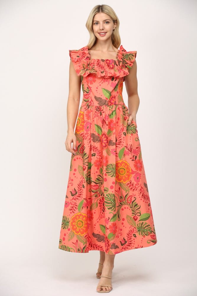 Fate Sophie ruffled cut-out midi dress displayed on a hanger, featuring ruffled details and cut-out design.