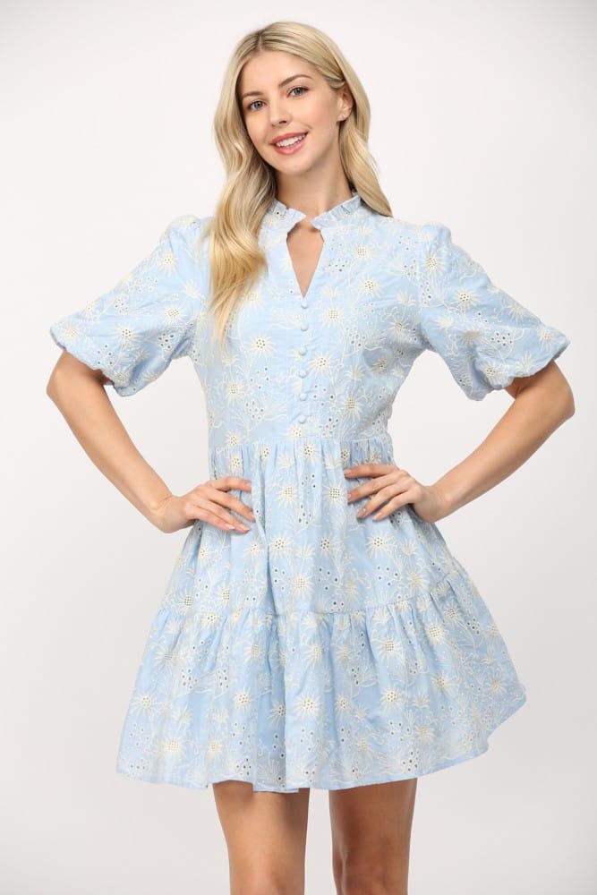 Baby blue Fate Layla Broderie Mini Dress featuring intricate embroidery and a stylish, feminine design.