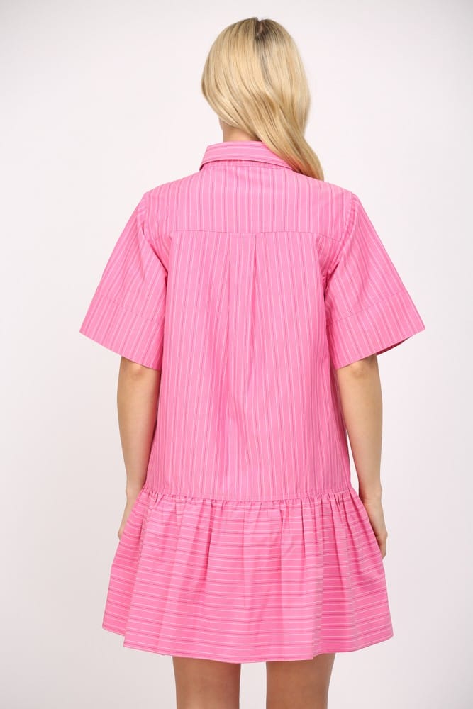 Fate Bianca Stripe Poplin Mini Dress displayed on a hanger, featuring a classic striped pattern and a casual, stylish fit.