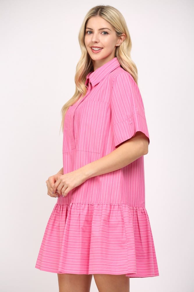 Fate Bianca Stripe Poplin Dress, a stylish mini dress with white and navy stripes, featuring a classic collar and short sleeves.