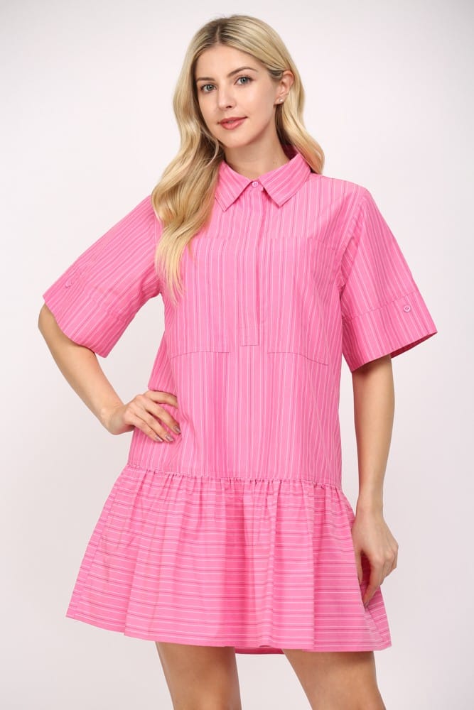 Fate Bianca Stripe Poplin Mini Dress displayed on a hanger with white and blue horizontal stripes and a fitted silhouette.