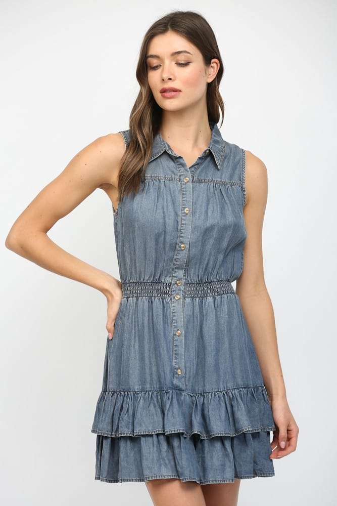 Fate Eva Tencel Mini Dress in denim fabric, fitted style with short sleeves and a casual, modern silhouette.