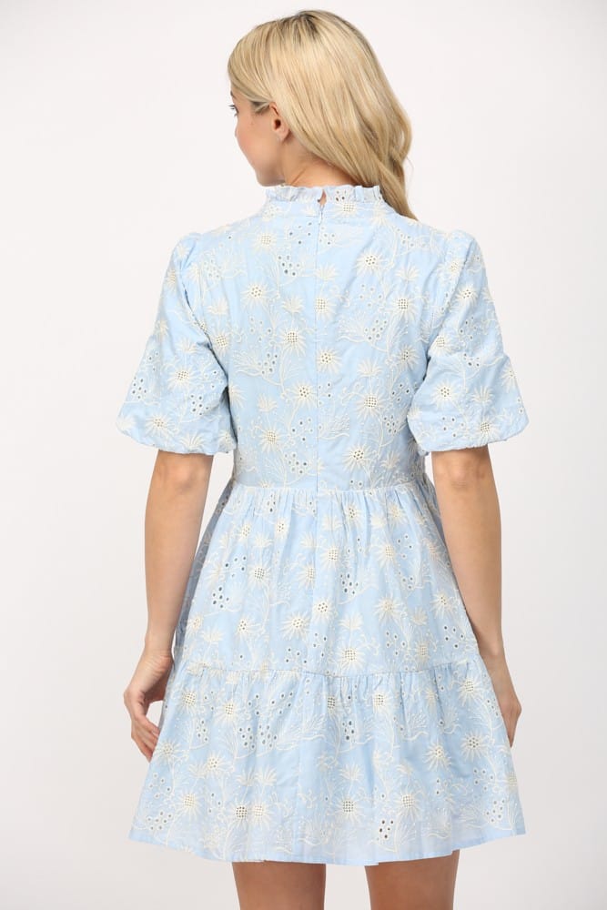 Fate Layla Broderie Mini Dress featuring intricate embroidery, short sleeves, and a stylish silhouette perfect for summer wear.