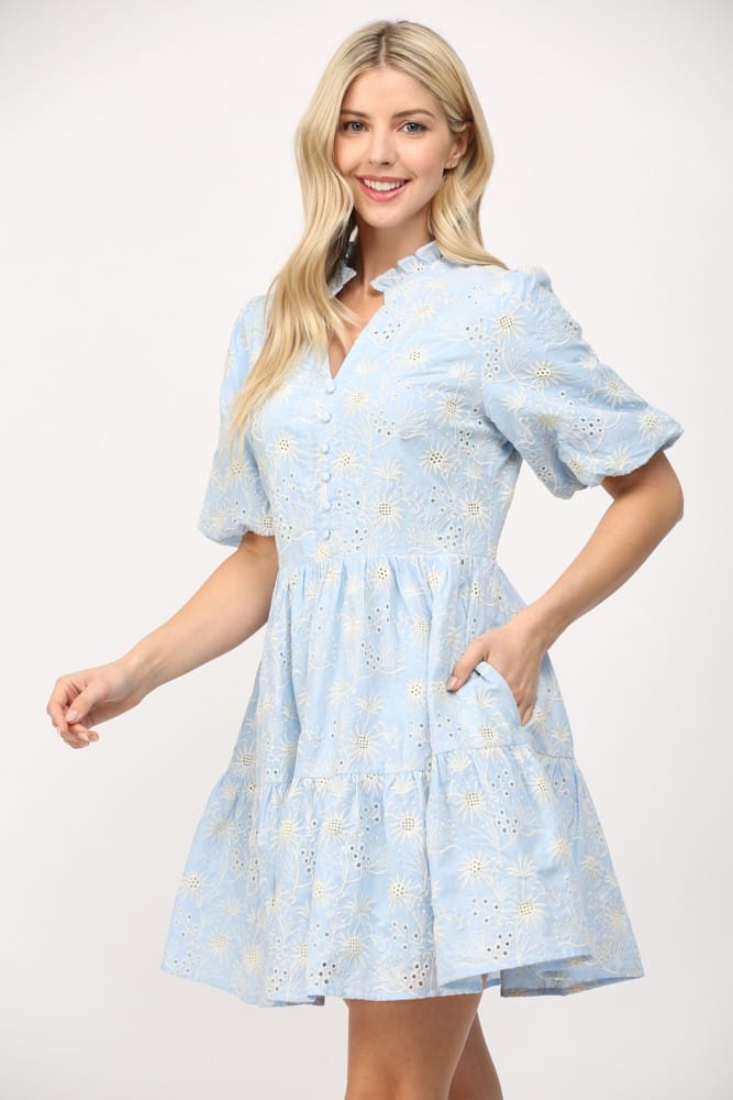 Fate Layla Broderie Mini Dress featuring intricate embroidery, lightweight fabric, and a stylish, feminine design.