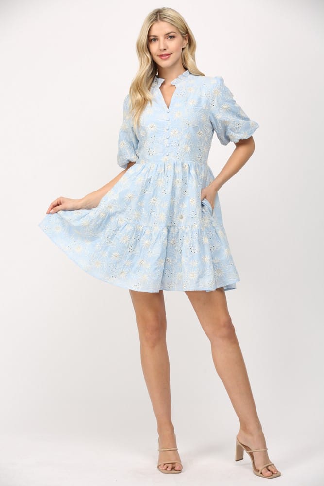 Fate Layla Broderie Mini Dress featuring intricate embroidery, short sleeves, and a stylish fit, perfect for summer occasions.