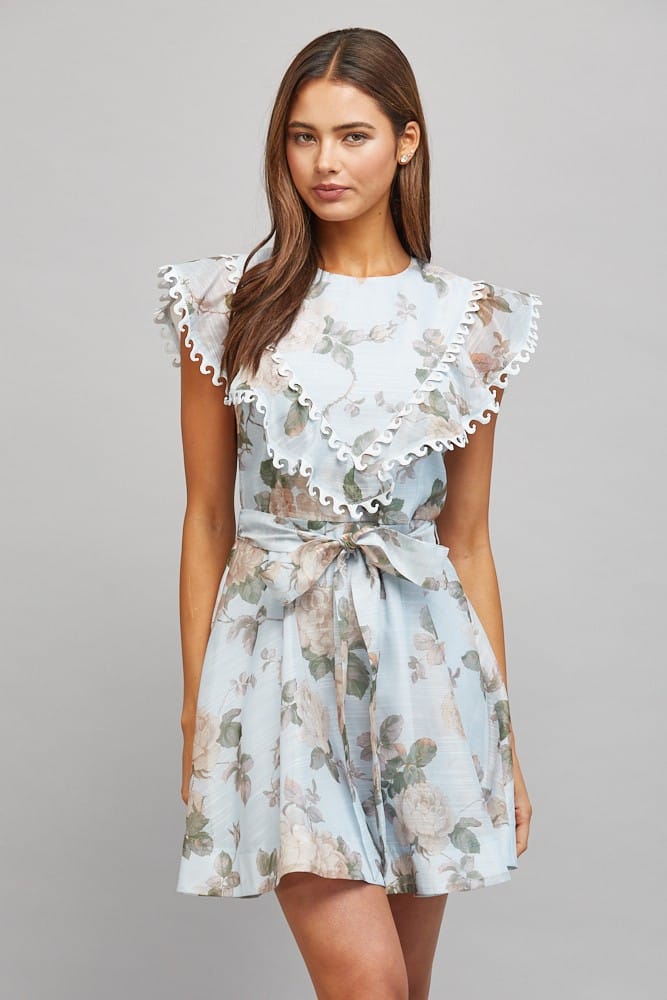 Fate Mini Dress Pale Blue / S Holly Wavy Lace Floral Dress