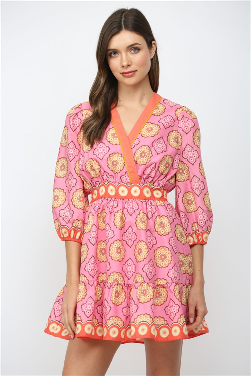 Pink Fate Jayla mini dress with a cinched waist, featuring a colorful multi-pattern design, perfect for casual or dressy occasions.