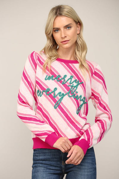 Fate Sweater Pink Multi / S Glitter Script Stripe Holiday Sweater