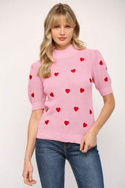 Fate Sweater Pink / S Shelby Heart Embroidered Short Sleeve Sweater
