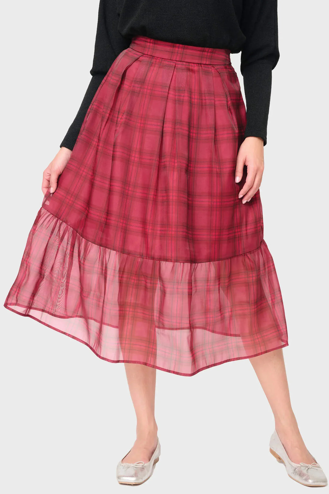 Gibsonlook Skirt Mulberry Wine Plaid / S Festive Plaid Organza Tiered Maxi Skirt