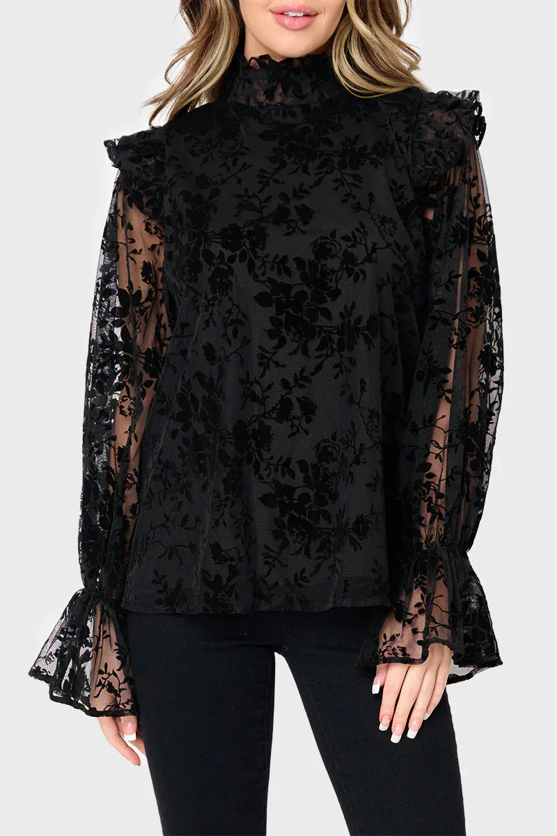 Gibsonlook Top Black / S Long Puff Sleeve Ruffle Trim Blouse