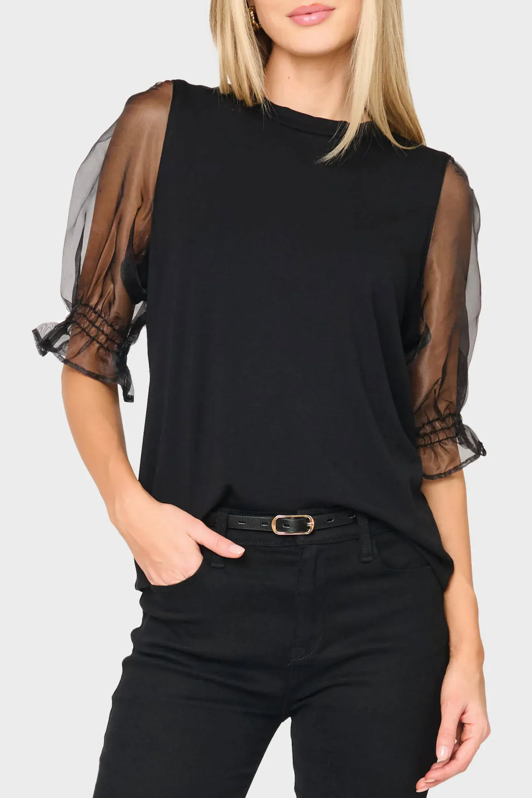 Gibsonlook Top Black / S Organza Puff Sleeve Soft Ponte Top