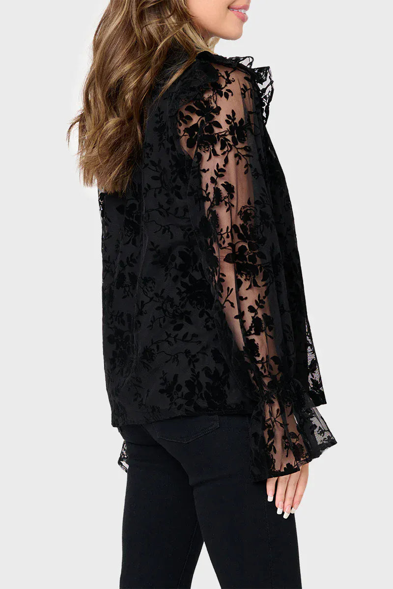 Gibsonlook Top Long Puff Sleeve Ruffle Trim Blouse