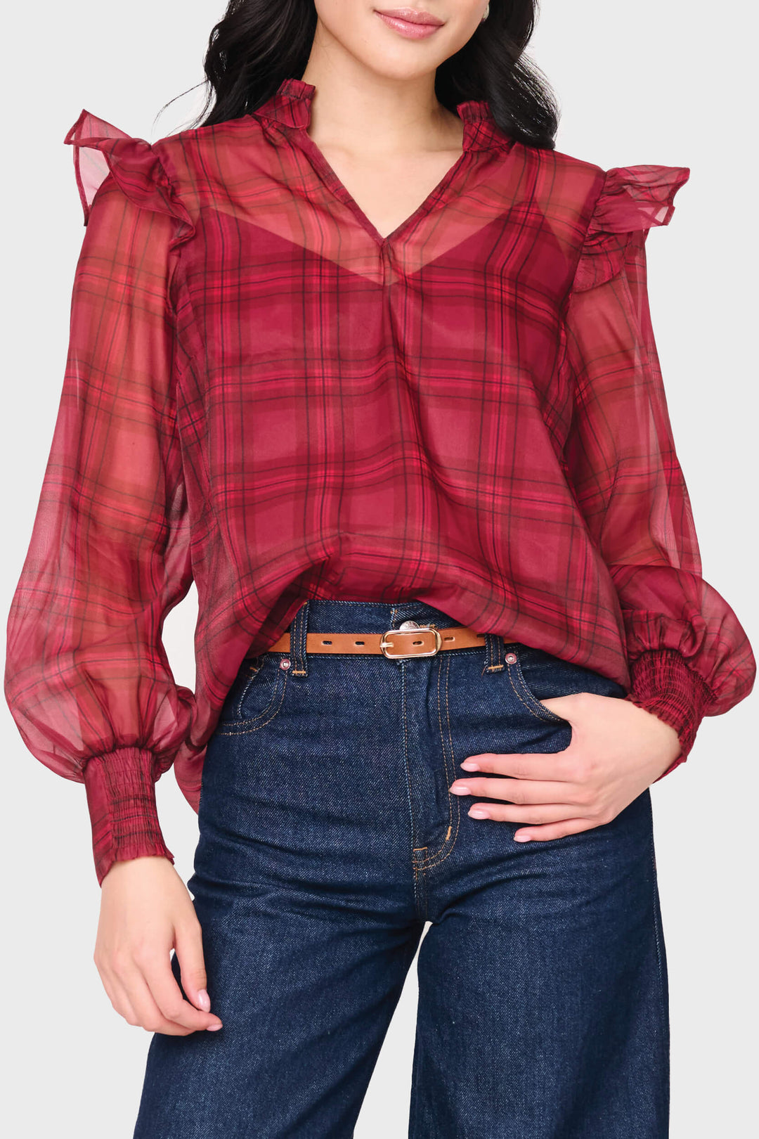 Gibsonlook Top Mulberry Wine Plaid / S Festive Plaid Organza Blouse