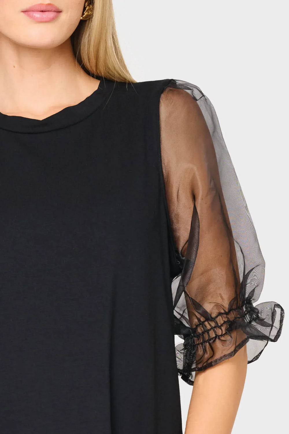 Gibsonlook Top Organza Puff Sleeve Soft Ponte Top