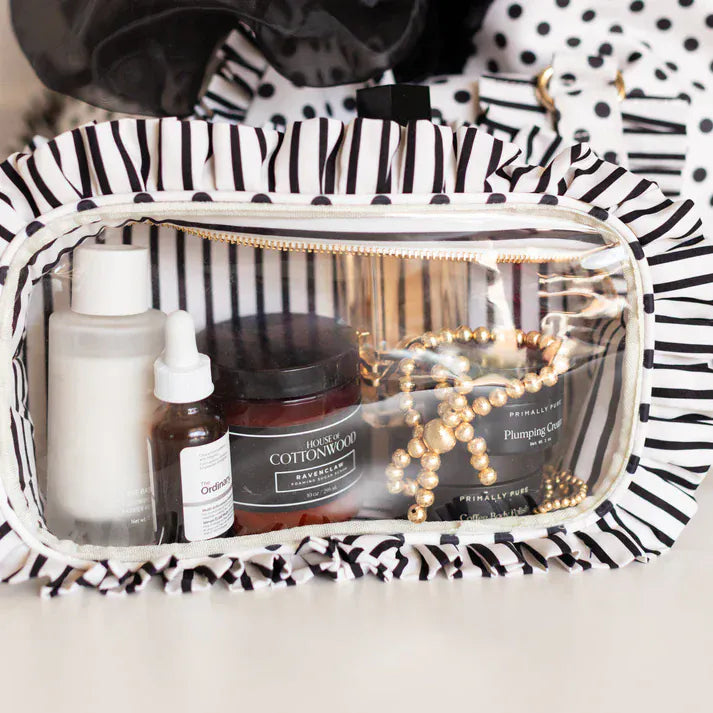 Hollis MakeUp Bag Polka Stripe Ruffled Nylon Large Clear Pouch