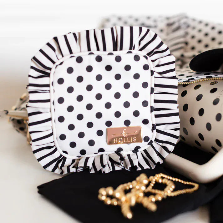 Hollis MakeUp Bag Polka Stripe Ruffled Nylon Tech Organizer