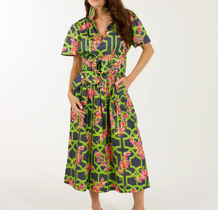 Holly Shae Gretchen Maxi Dress in Vine Dandy Bougainvillea, featuring a flowing silhouette and vibrant floral pattern.