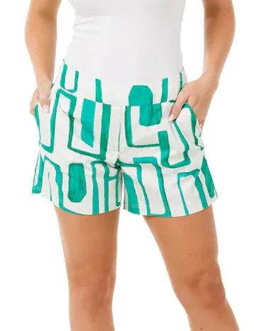 Holly Shae Taylor Short in Jade with geometric pattern, lightweight shorts for casual wear, shown in size XS.