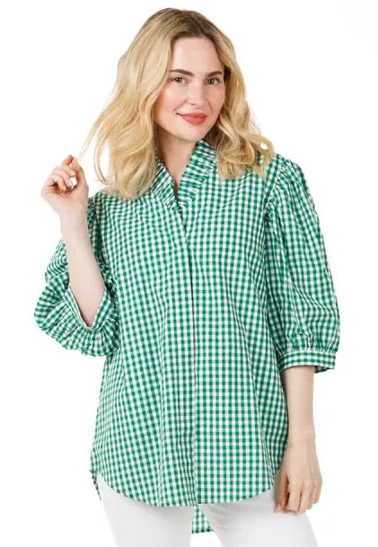 Green gingham Holly Shae Laura Top with short sleeves and a fitted style, shown on a model.