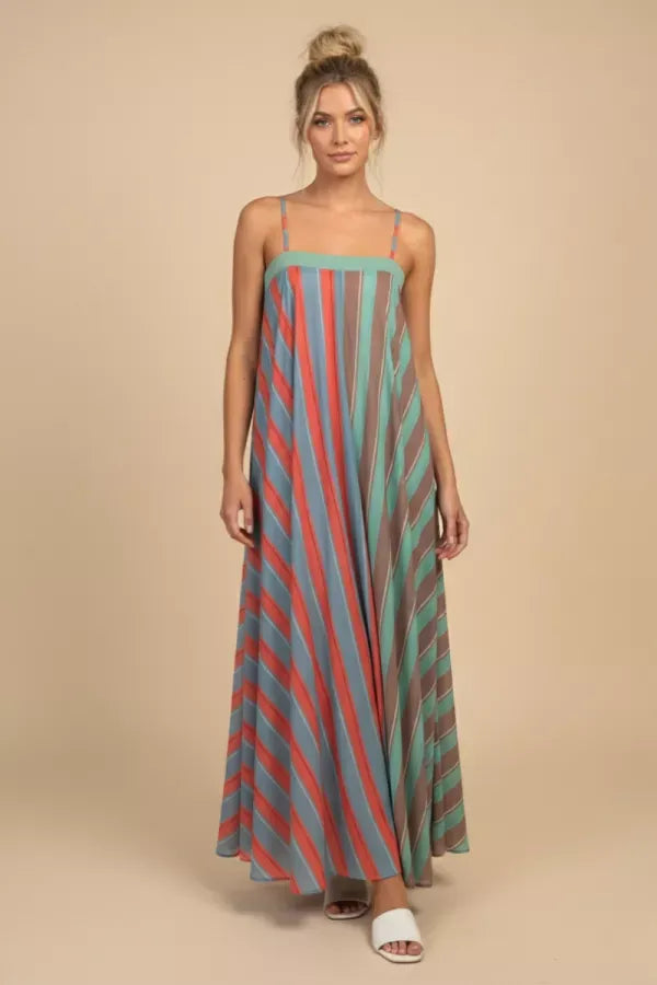 Mint green and white striped J.NNA Serafina Maxi Dress with a flowing silhouette and sleeveless design.