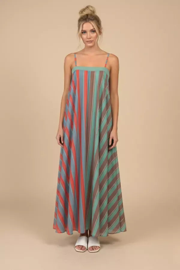 J.NNA Serafina striped maxi dress featuring a flowing silhouette and bold vertical stripes, perfect for summer or casual wear.