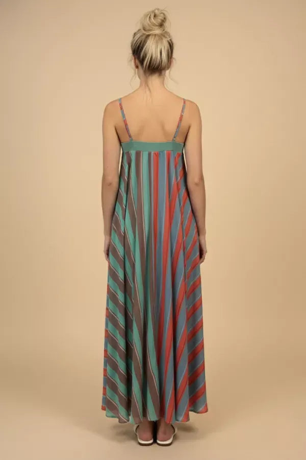 J.NNA Serafina striped maxi dress featuring a flowing silhouette and bold vertical stripes, perfect for warm-weather wear.
