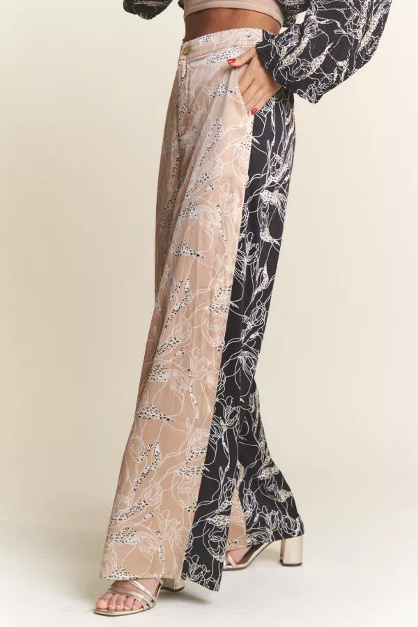 J.NNA Sophie satin multi-color slacks featuring a stylish, tailored pants design in champagne and black tones.